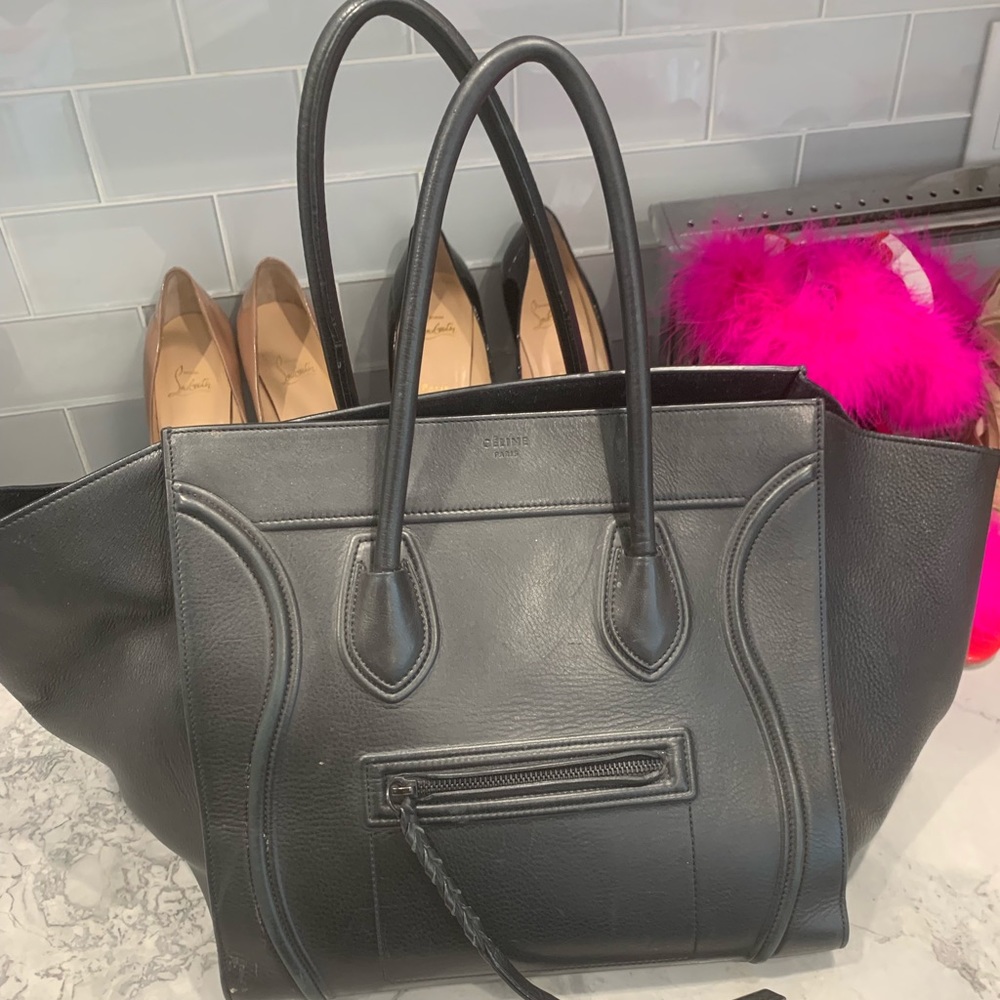Authentic all black leather Celine luggage tote.